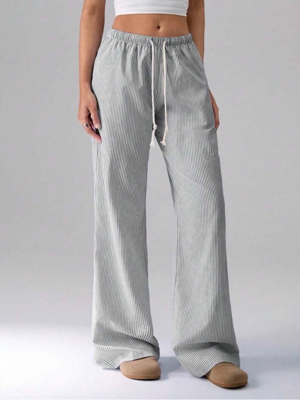 NEW Striped Wide-Leg Drawstring Pants - Light Gray